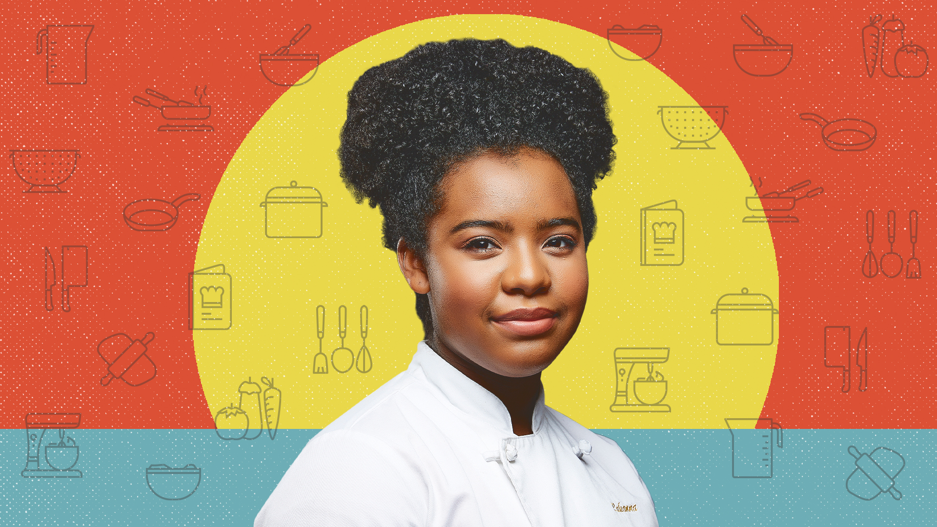 Rahanna Bisseret Martinez wearing a chef's coat, on a background with icons of cooking gear
