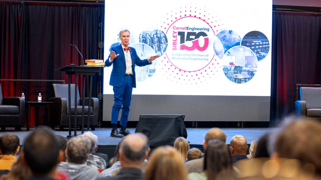 Bill Nye '77 delivers his keynote address at the Sibley 150 event, celebrating 150 years of Mechanical Engineering at Cornell, on April 25, 2024