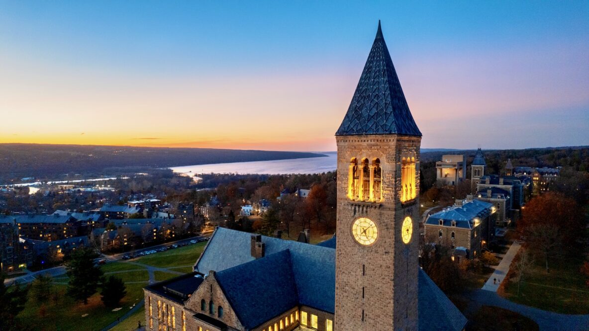 View of McGraw Tower with Cayuga Lake visible in background