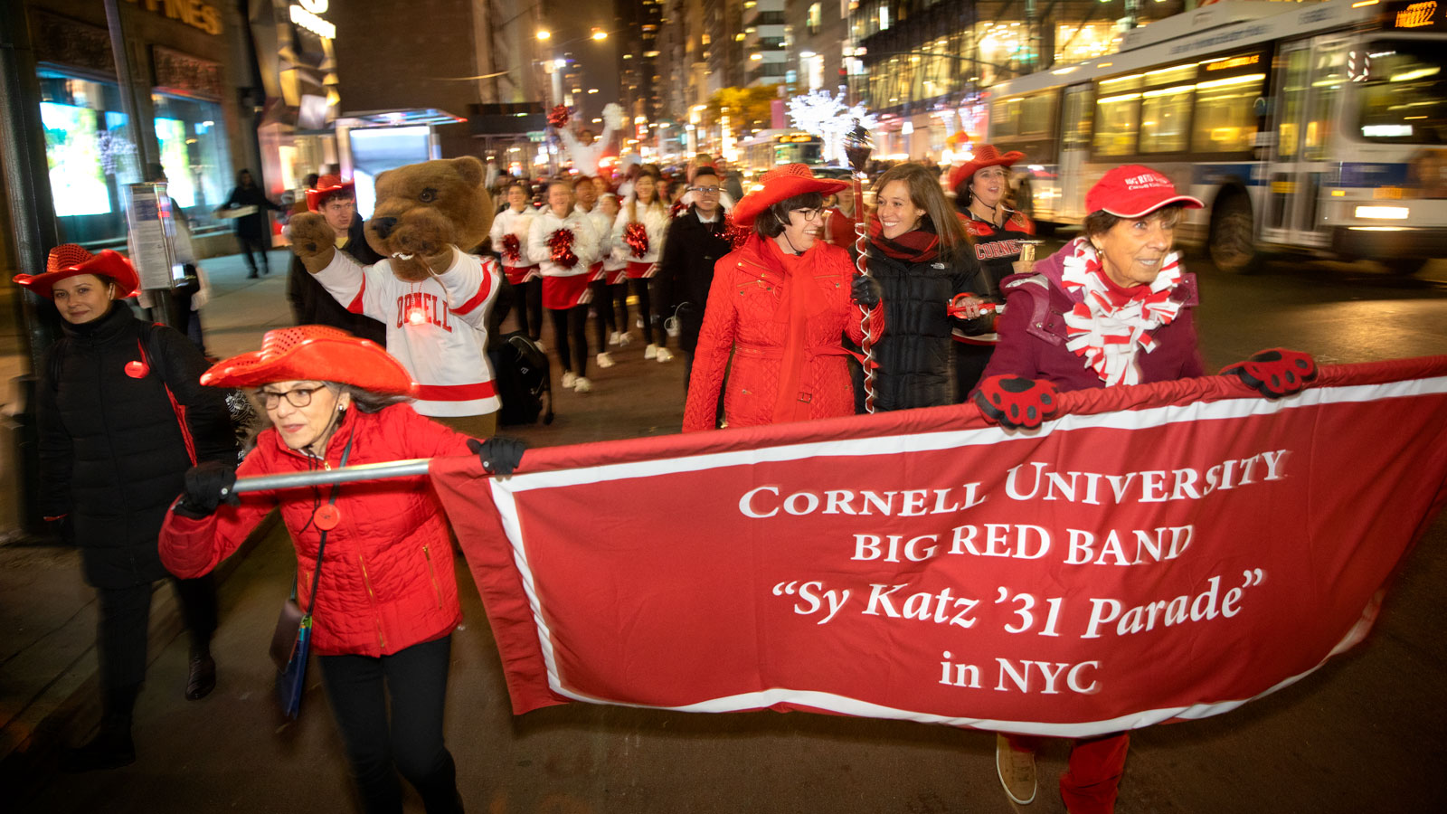 President Martha Pollack and her daughter, Anna Gottschlich, lead the 2018 Sy Katz ’31 Parade in New York City