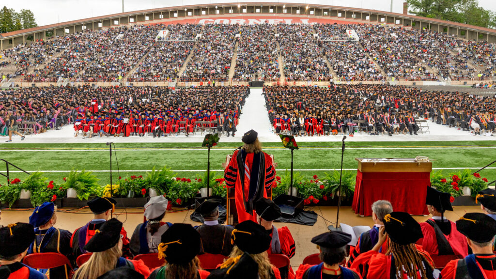 President Martha Pollack addresses the Commencement crowd in Schoellkopf in 2022