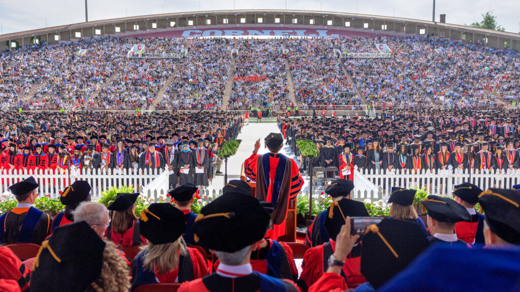 President Martha Pollack addresses graduates at Schoellkopf Field during Commencement 2024
