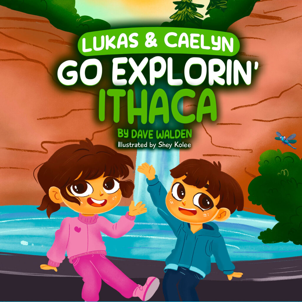 The front cover of "Lukas & Caelyn Go Explorin’ Ithaca" shows an illustration of two kids sitting next to a waterfall.