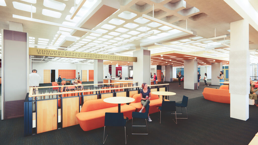 A schematic shows the refurbished call board in the renovated Olin first floor, set to be completed in 2025