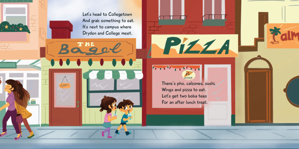 An illustration of two kids walking through shops in Ithaca, 