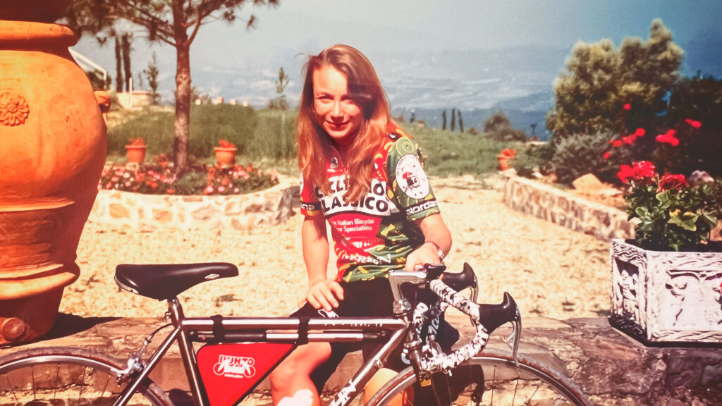 Lauren Hefferon with her bicycle in Tuscany in 1998