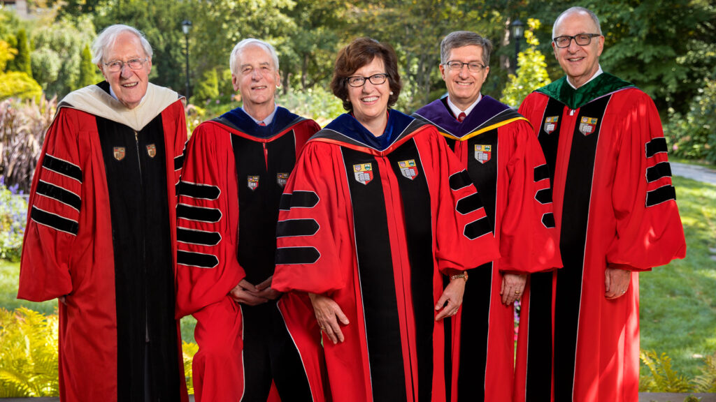 President Martha Pollack poses with the previous living Cornell presidents Frank H.T. Rhodes, Hunter R. Rawlings III, Jeffrey Lehman, and David Skorton on the occasion of her inauguration in 2017