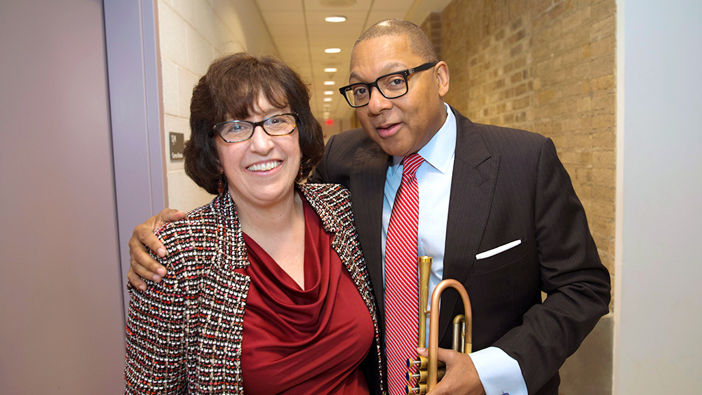 President Martha Pollack poses with Wynton Marsalis prior to a concert in Bailey Hall in 2018