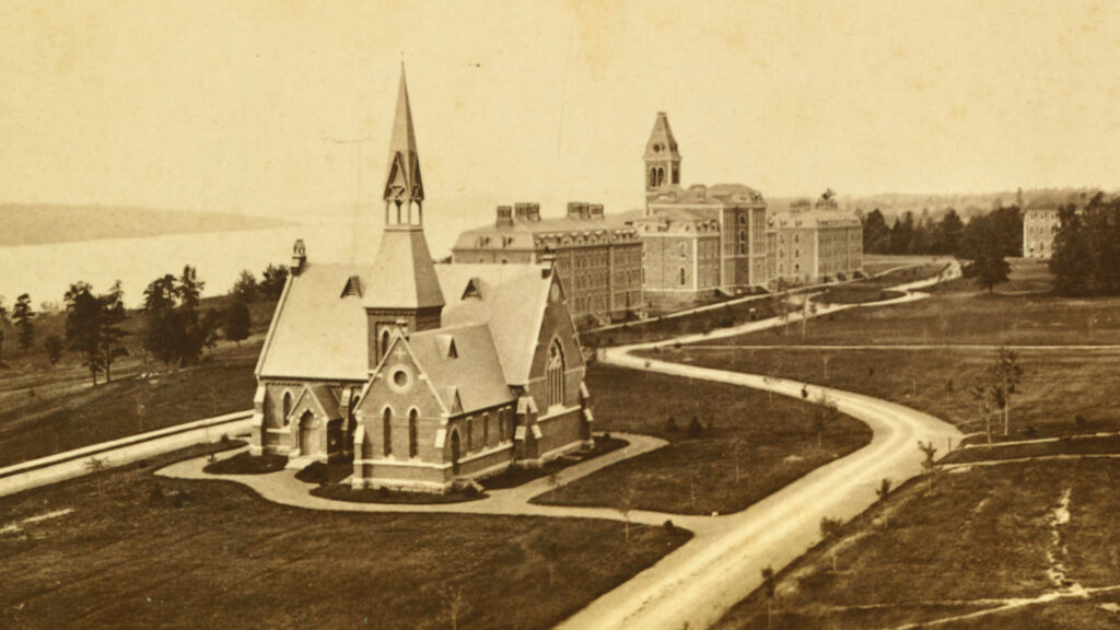 Sage Chapel on campus in about 1880; the “Old Stone Row” buildings (Morrill, McGraw, and White halls) are visible behind it
