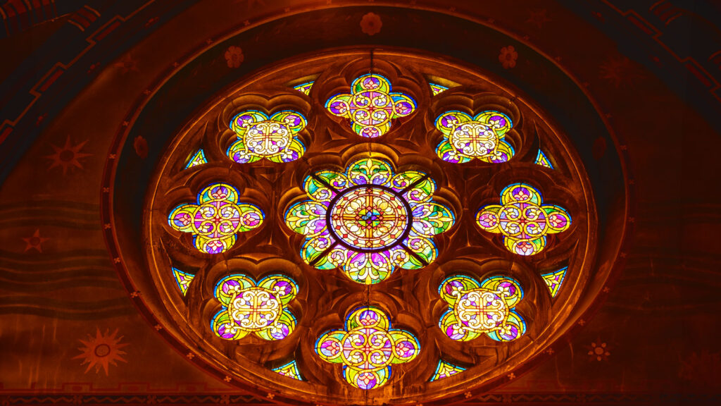 A detail view of one of the circular rose windows