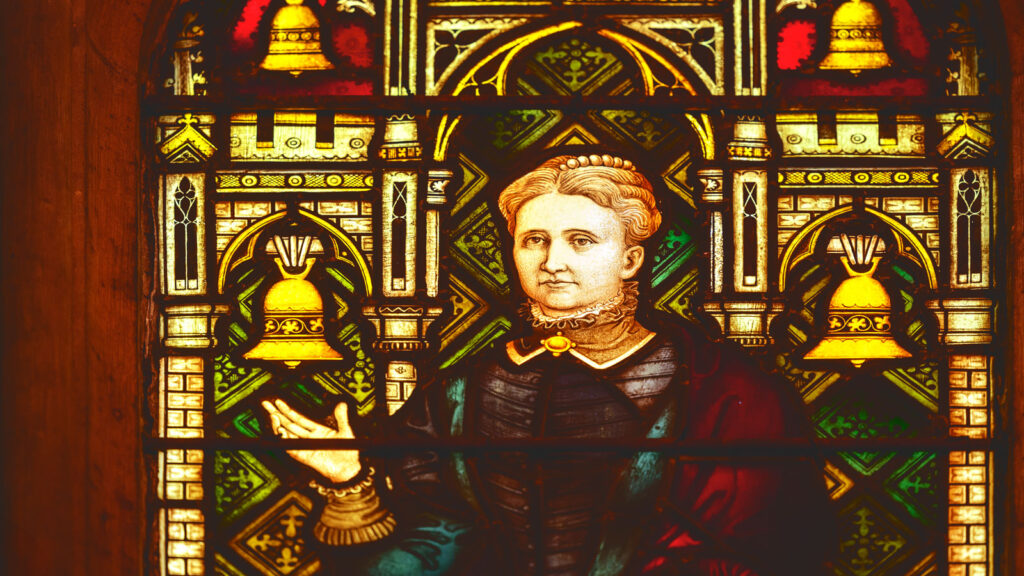 detail view of a stained-glass window in Sage Chapel