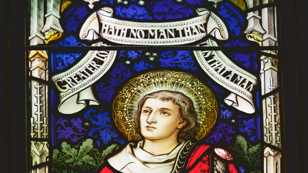 detail view of a stained-glass window in Sage Chapel