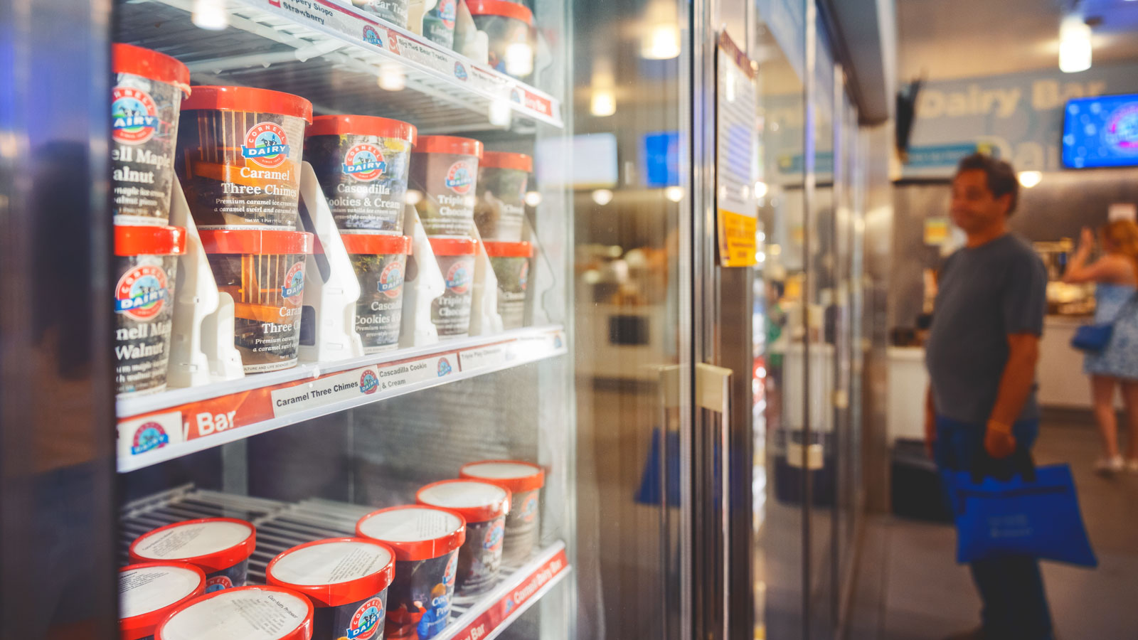 Ice cream pints in a fridge on sale at the Cornell Dairy Bar
