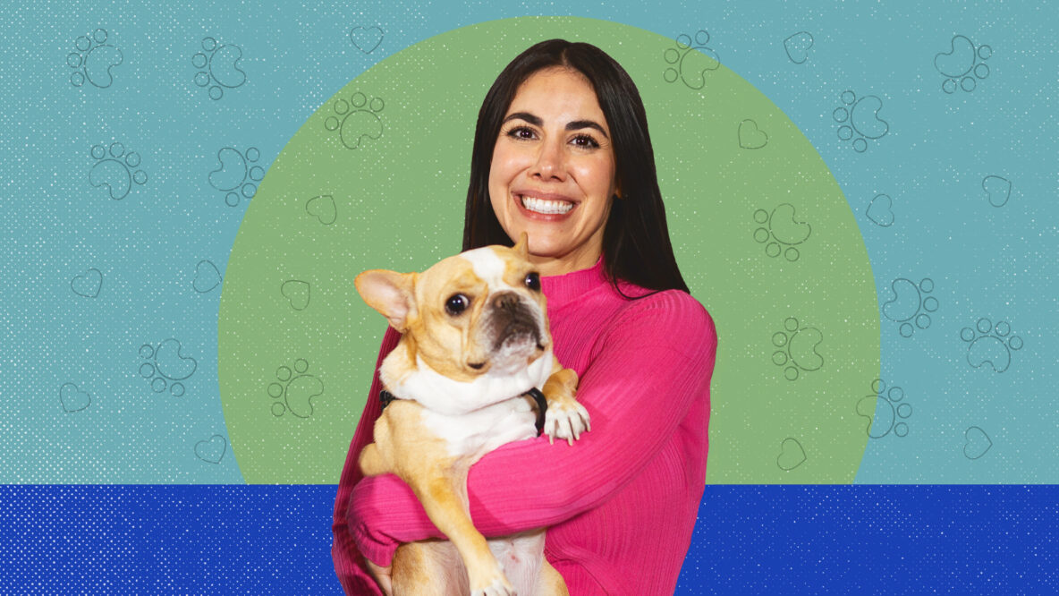 Loni Edwards Lunau holding a French bulldog with an illustrated background of paw prints