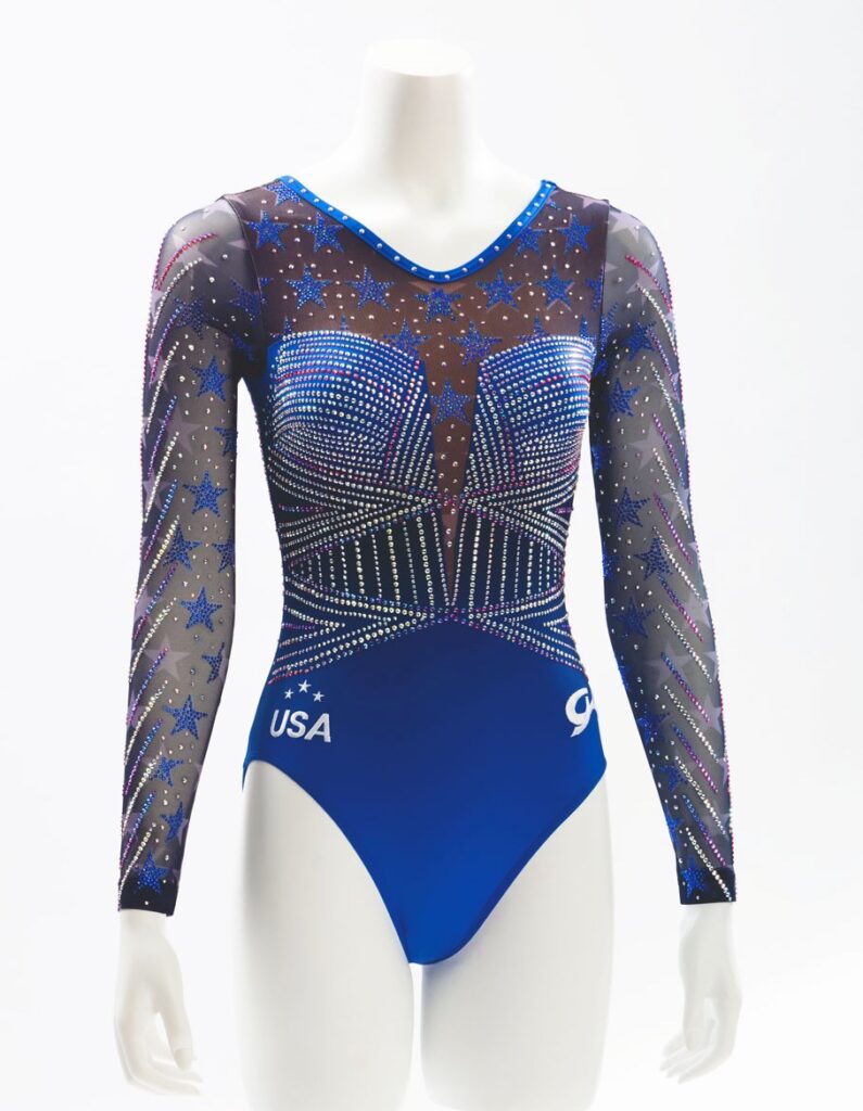 A blue gymnastics uniform with crystal decoration
