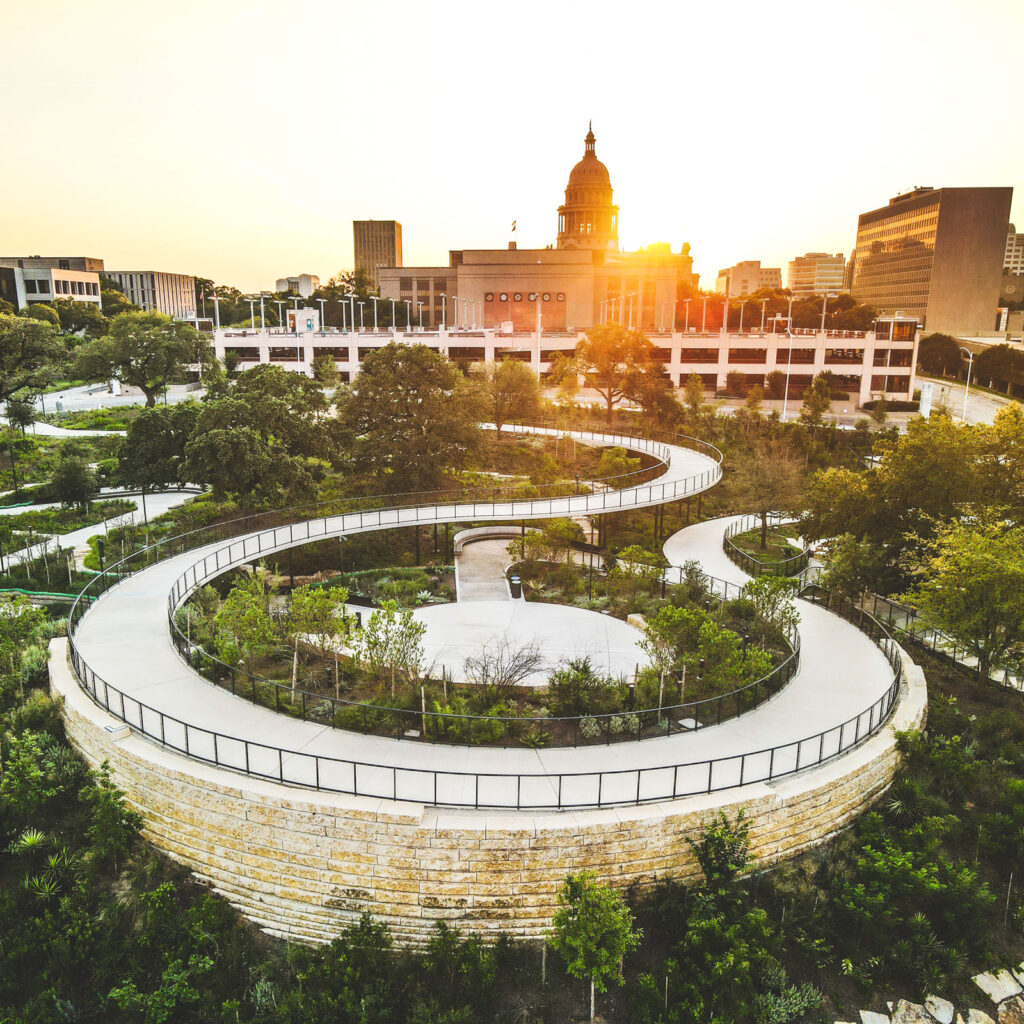 Waterloo Park is part of the Waterloo Greenway in Austin, TX, and connects a city-owned chain of parks to a nexus that serves as an urban ecological corridor