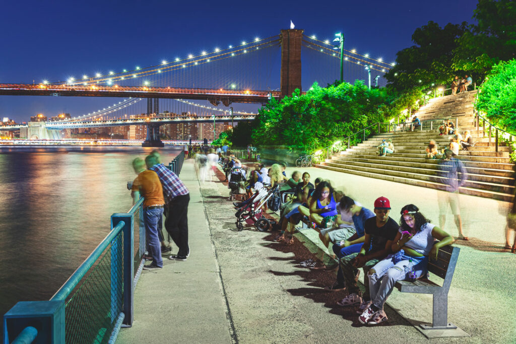 Night view of Brooklyn Bridge Park near Pier 1