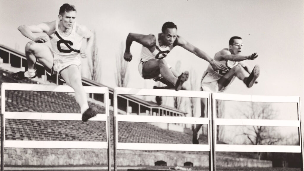 Cornell track and field Olympians, 1952 (left to right): Charles Moore, '51; Meredith Flash Gourdine; '52, Walter Ashbaugh, '51