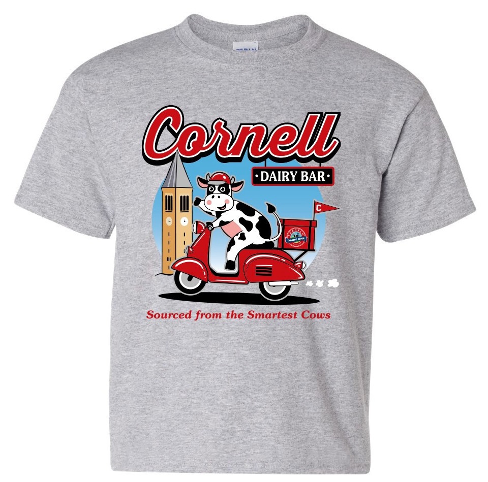 A shirt from the Cornell Dairy Bar with an image of a cow on a scooter and the slogan "Sourced from the Smartest Cows"