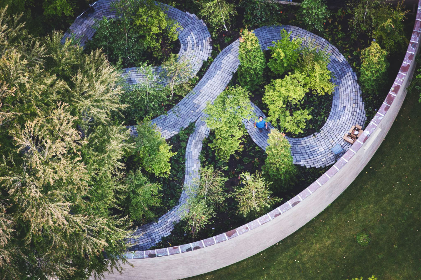 Aerial view of Monk’s Garden, a 7,500-square-foot park tucked alongside the Isabella Stewart Gardner Museum in Boston