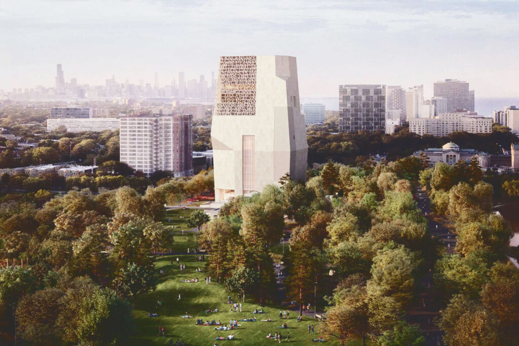 rendering of the park and grounds area around what will be the Obama Presidential Center in Chicago