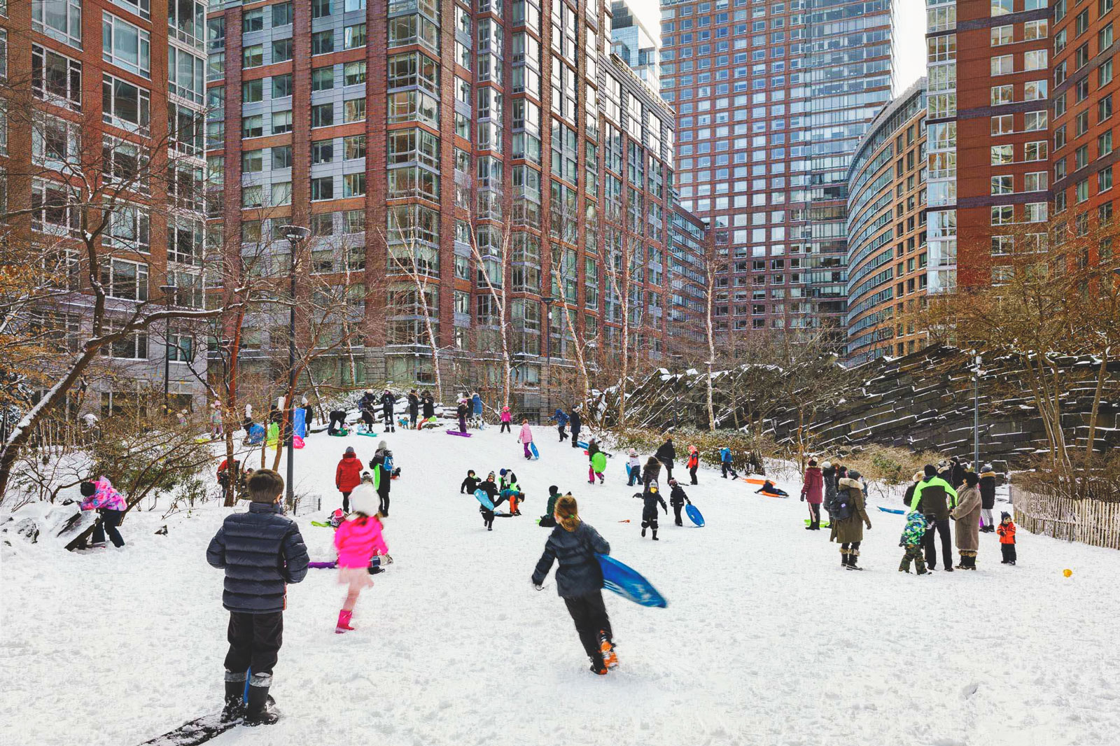 Winter view of Teardrop Park, a 1.8-acre public park nestled between four surrounding apartment buildings in lower Manhattan