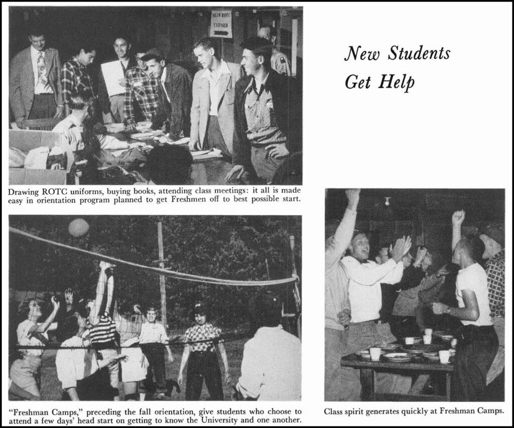 A page from the 1954 Cornellian yearbook with the headline "New Students Get Help," with photos of freshman orientation activities