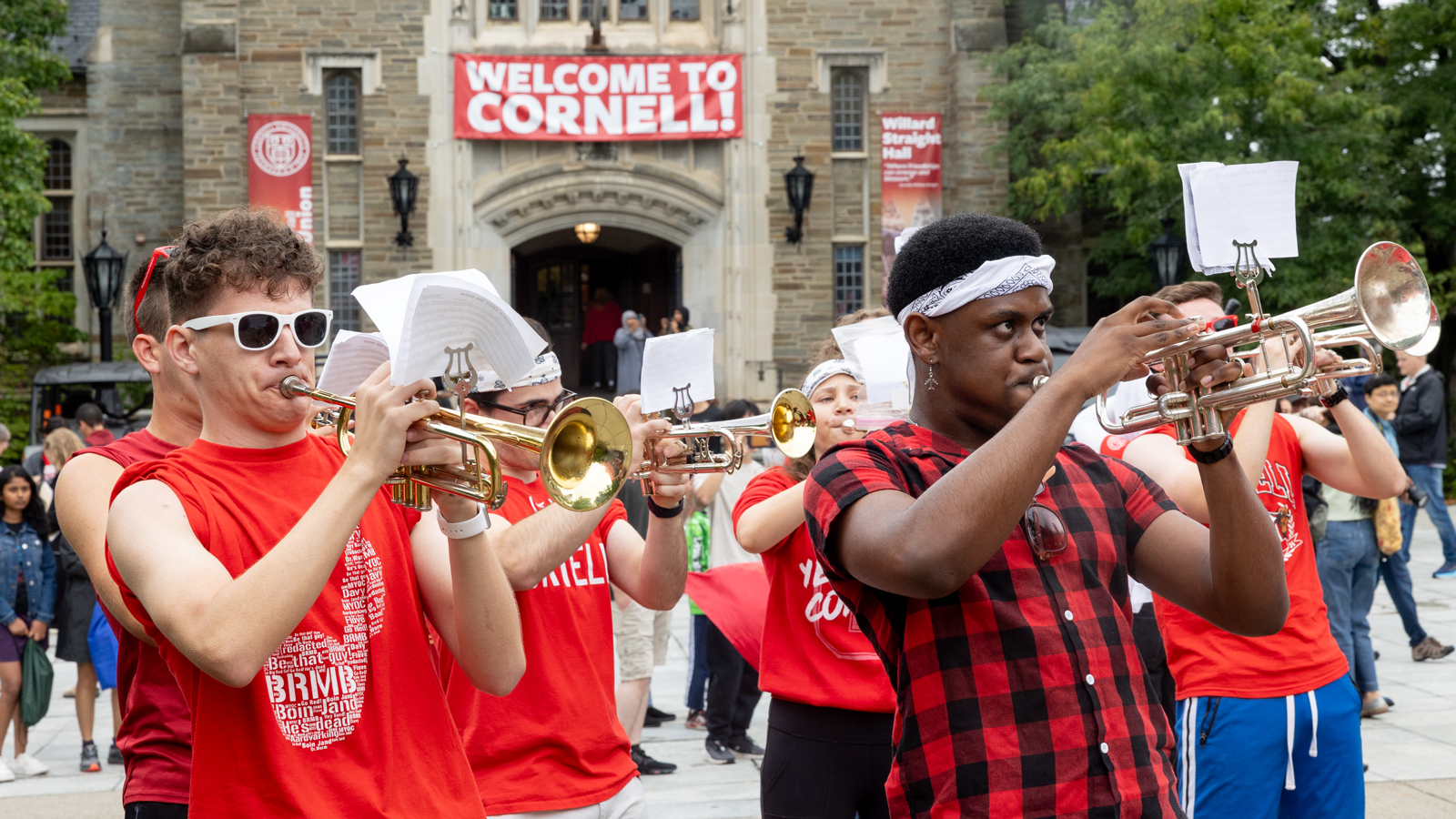 Members of the Big Red Band perform in front of Willard Straight Hall during Move-In 2024