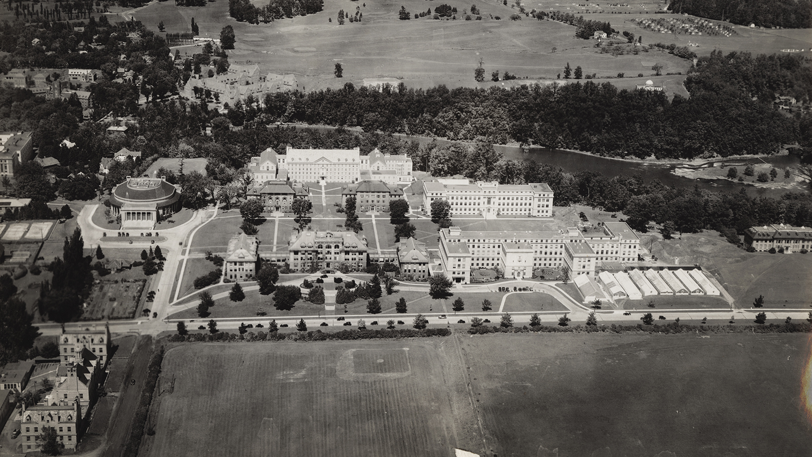 Vintage aerial view of CALS and Human Ecology buildings
