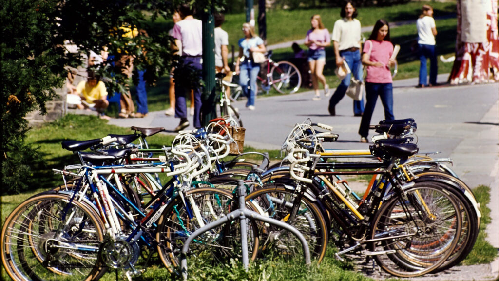 a bicycle rack is filled with parked bikes near Willard Straight Hall with the famed stump visible in the background, 1972