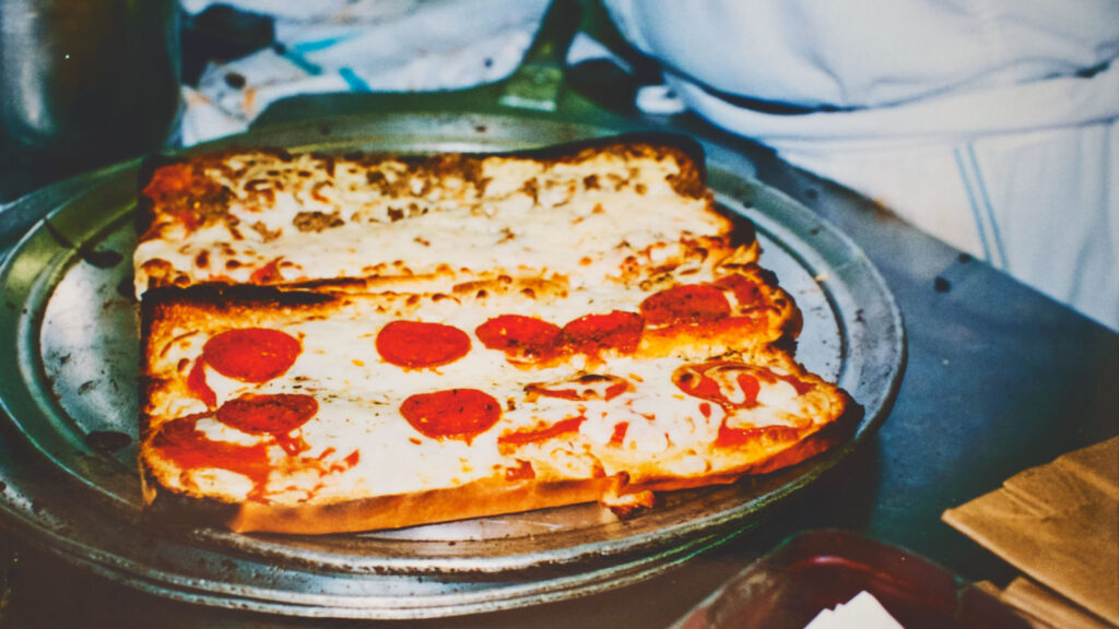 close-up view of a French bread pizza sub after coming out of the oven in the Hot Truck