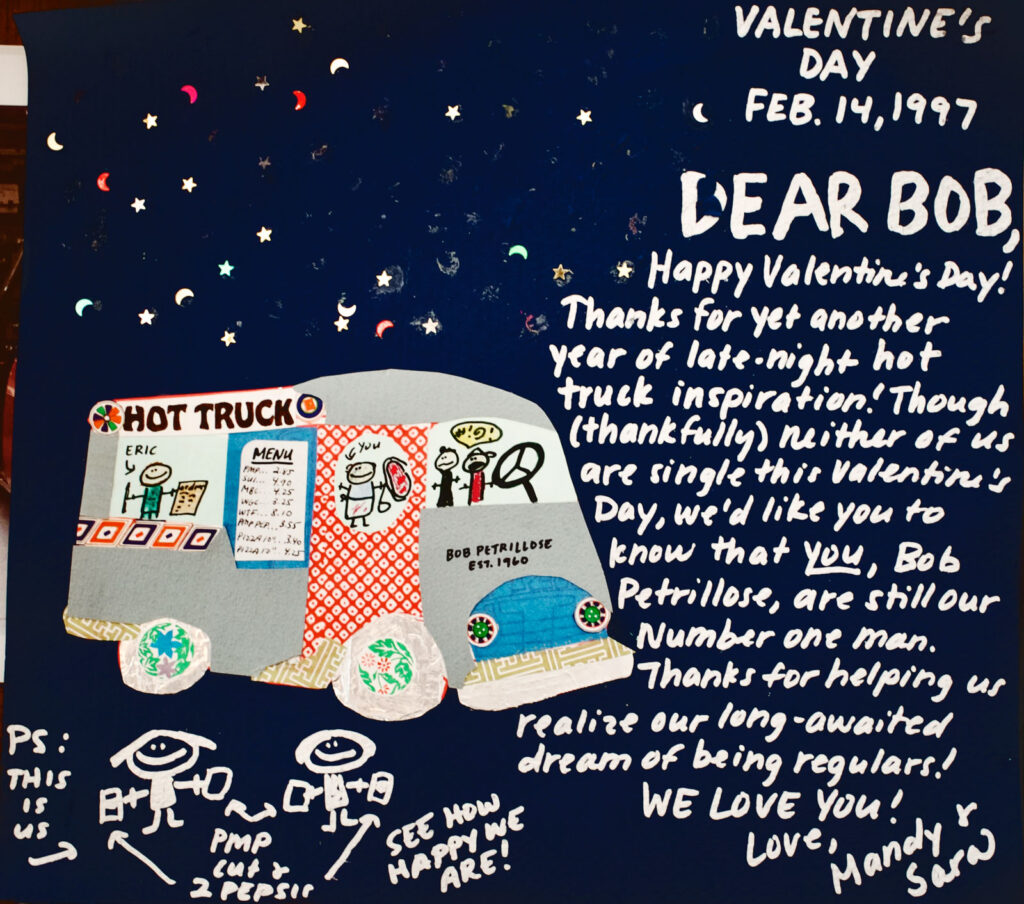 handmade Valentine's Day card for Bob Petrillose from two students in 1997