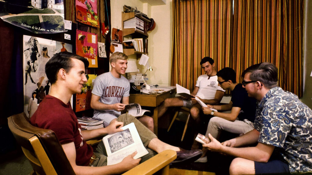 five male students in a college dorm room, 1967