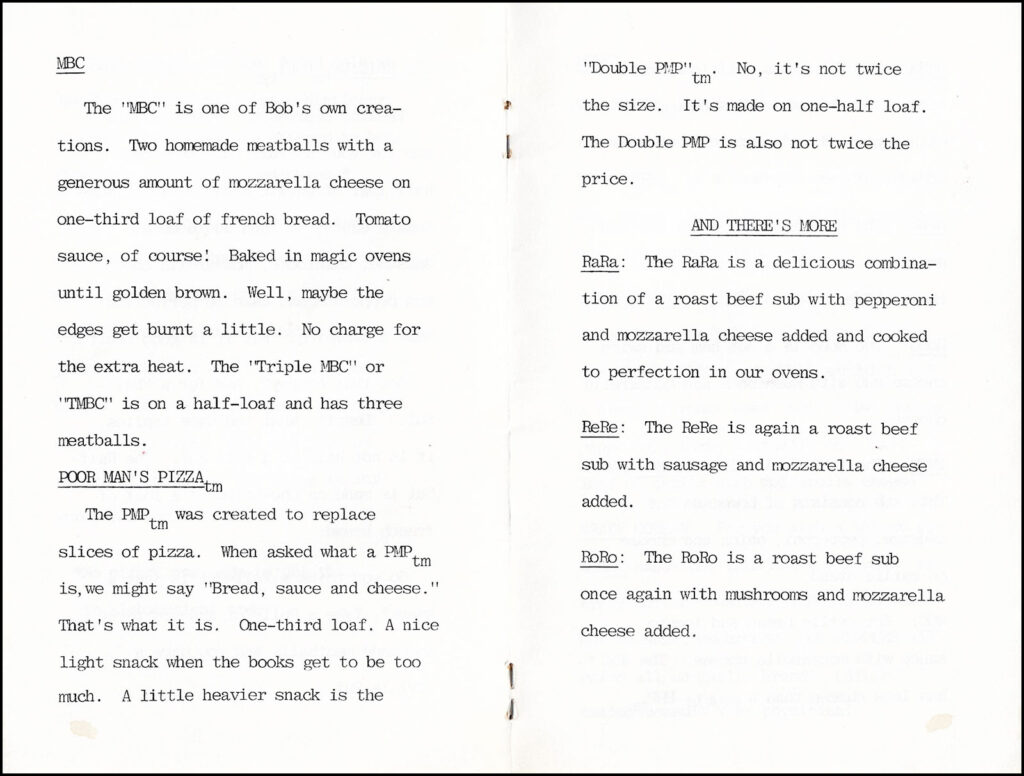 a two-page spread from the Hot Truck Dictionary, showing descriptions of sandwiches including the MBC, the Poor Man’s Pizza, the RaRa, and more