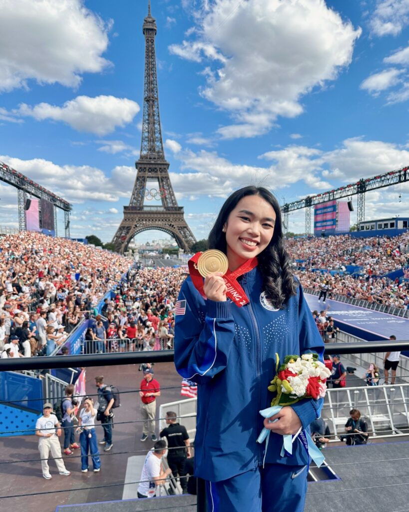 Karen Chen ’23 pictured with her gold medal in Paris in 2024