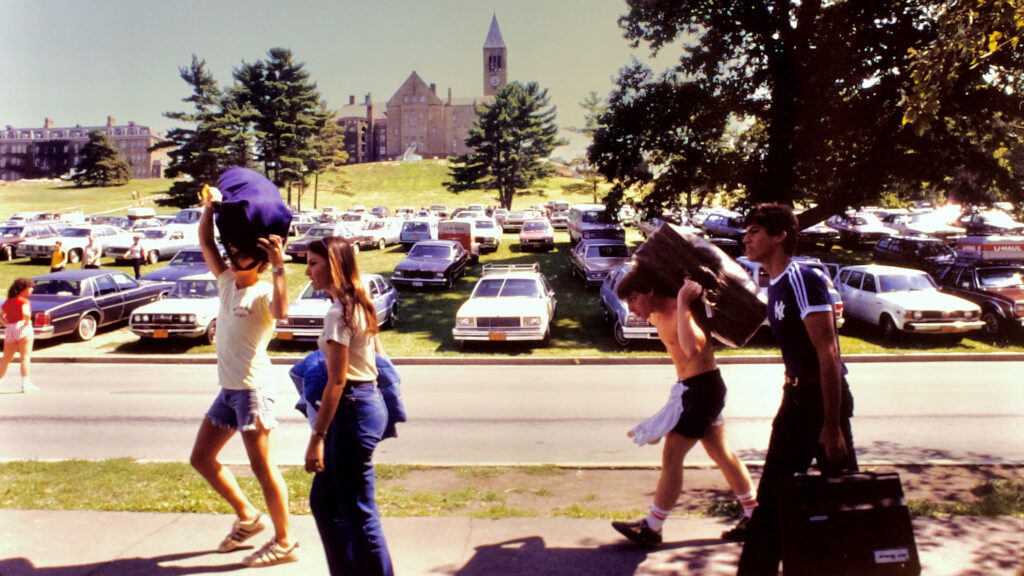 A view of Move-In Weekend on West Campus from the bottom of Libe Slope, circa 1982