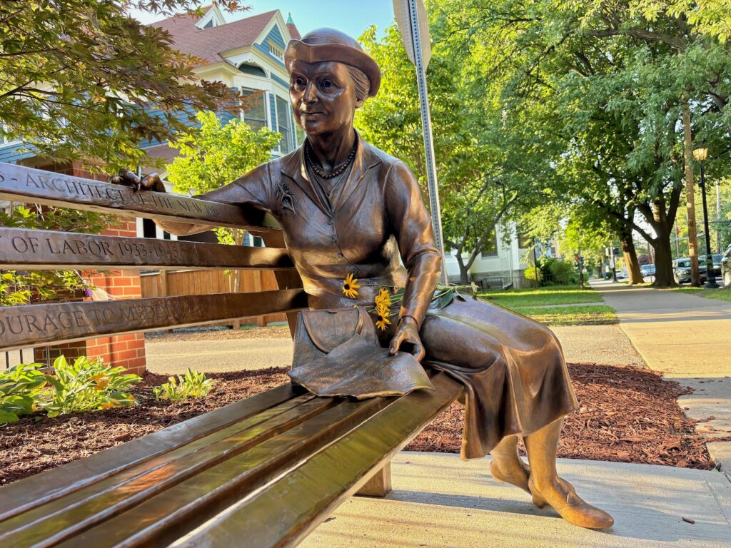 statue of Frances Perkins in downtown Ithaca