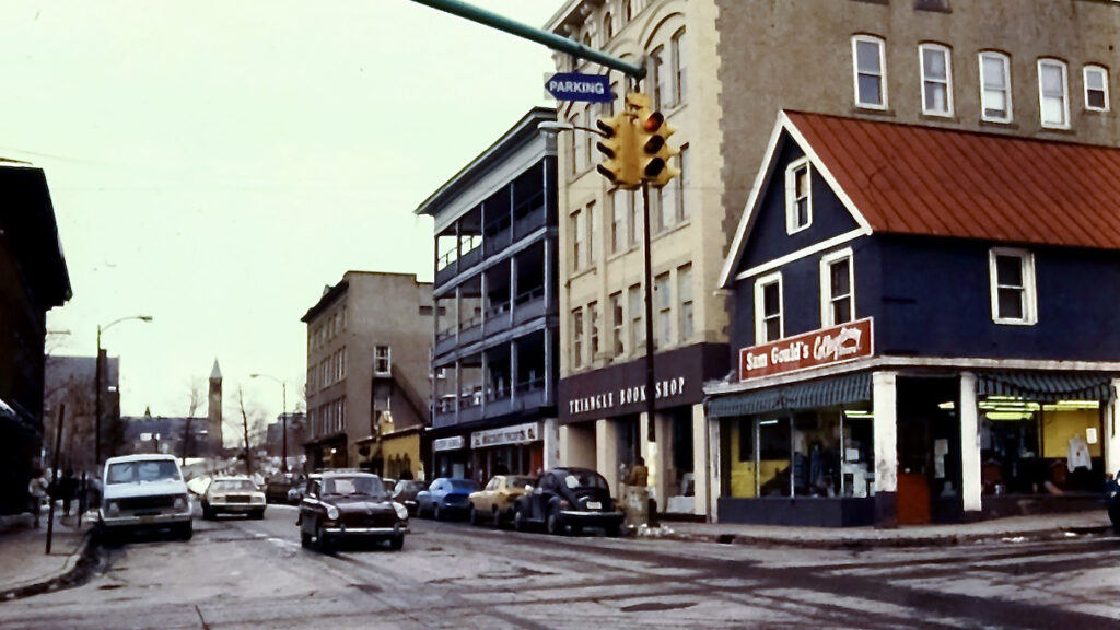 A view of the intersection of College Avenue and Dryden Road in Collegetown, circa 1980