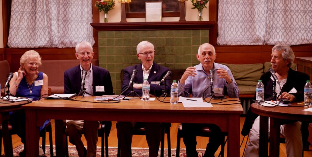 still frame from a video of a panel discussion about Frances Perkins