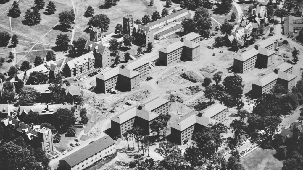 Aerial view of the completed University Halls on West Campus, 1954