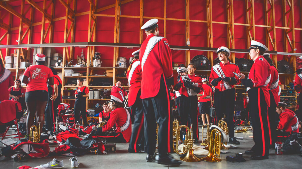 Members of the Big Red Band in the Fischell Band Center during Homecoming 2015