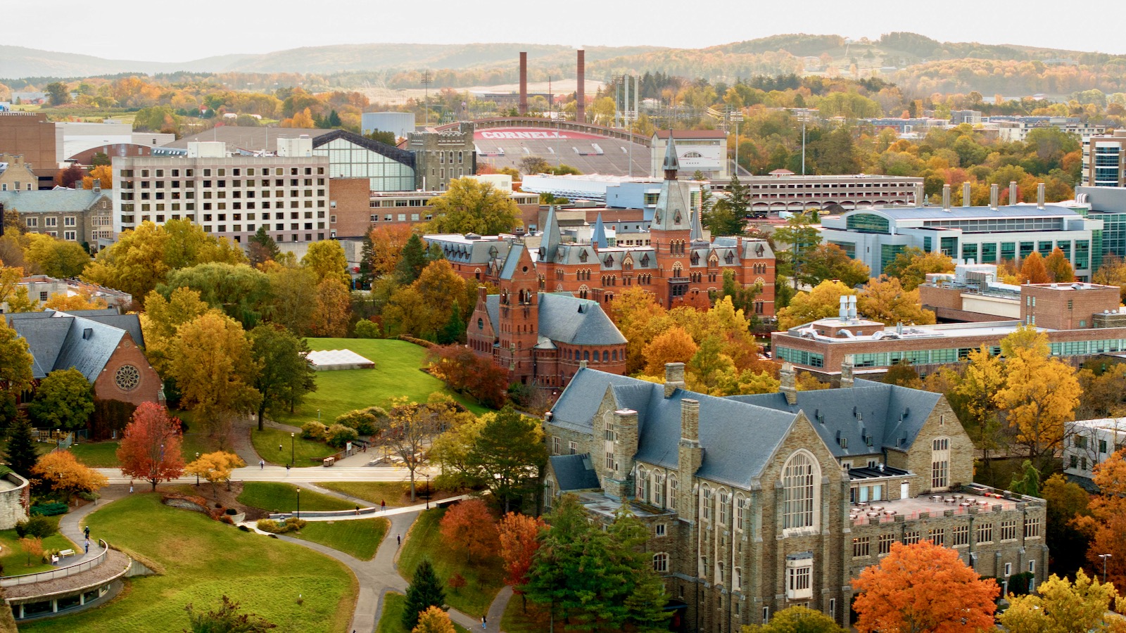 Aerial fall color scene from around campus