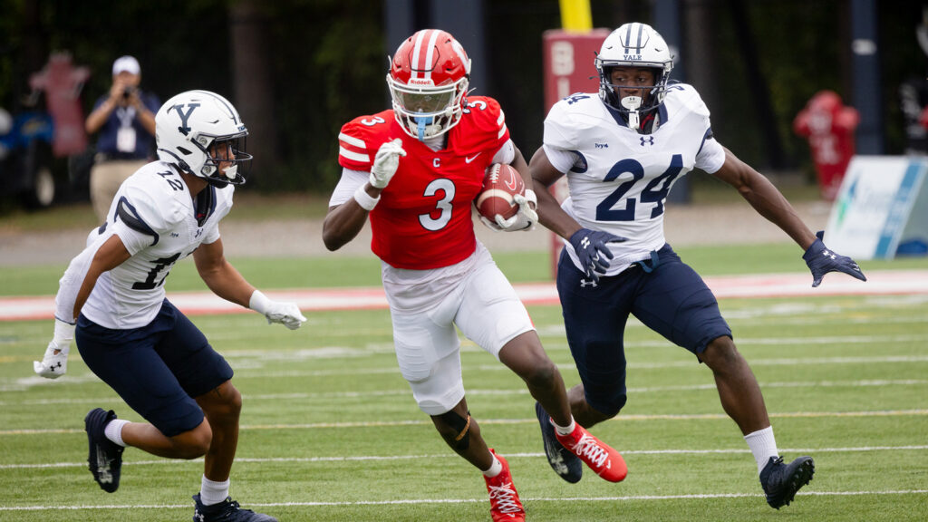 a member of the Big Red men's football team makes a play on the field against the Yale Bulldogs at Schoellkopf Stadium for Homecoming 2024