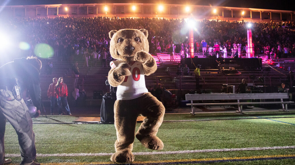 Touchdown, the University's unofficial mascot, dances on Schoellkopf Field during the laser light show and fireworks display for Homecoming 2024