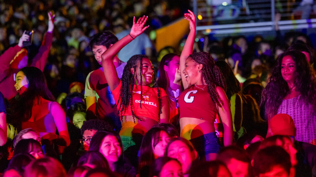 fans in the crowd enjoy the fireworks and laser light show at Schoellkopf Stadium during Homecoming 2024