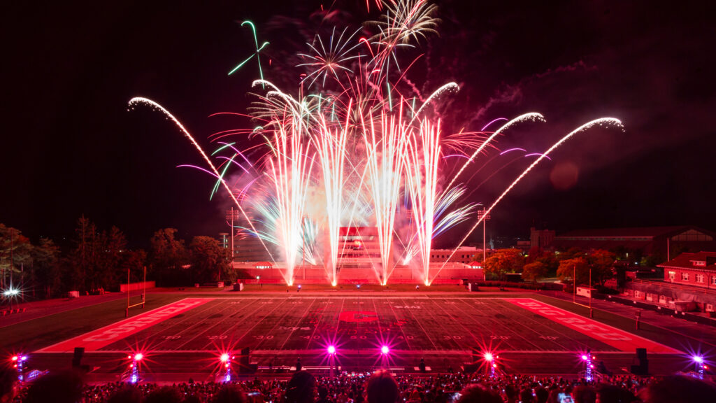 the crowd enjoys the fireworks display at Schoellkopf Field for Homecoming 2024