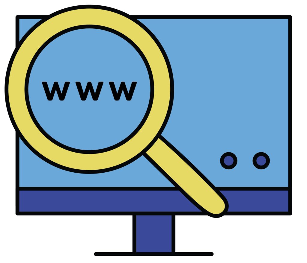 A graphic of a computer screen with a magnifying glass over the URL.