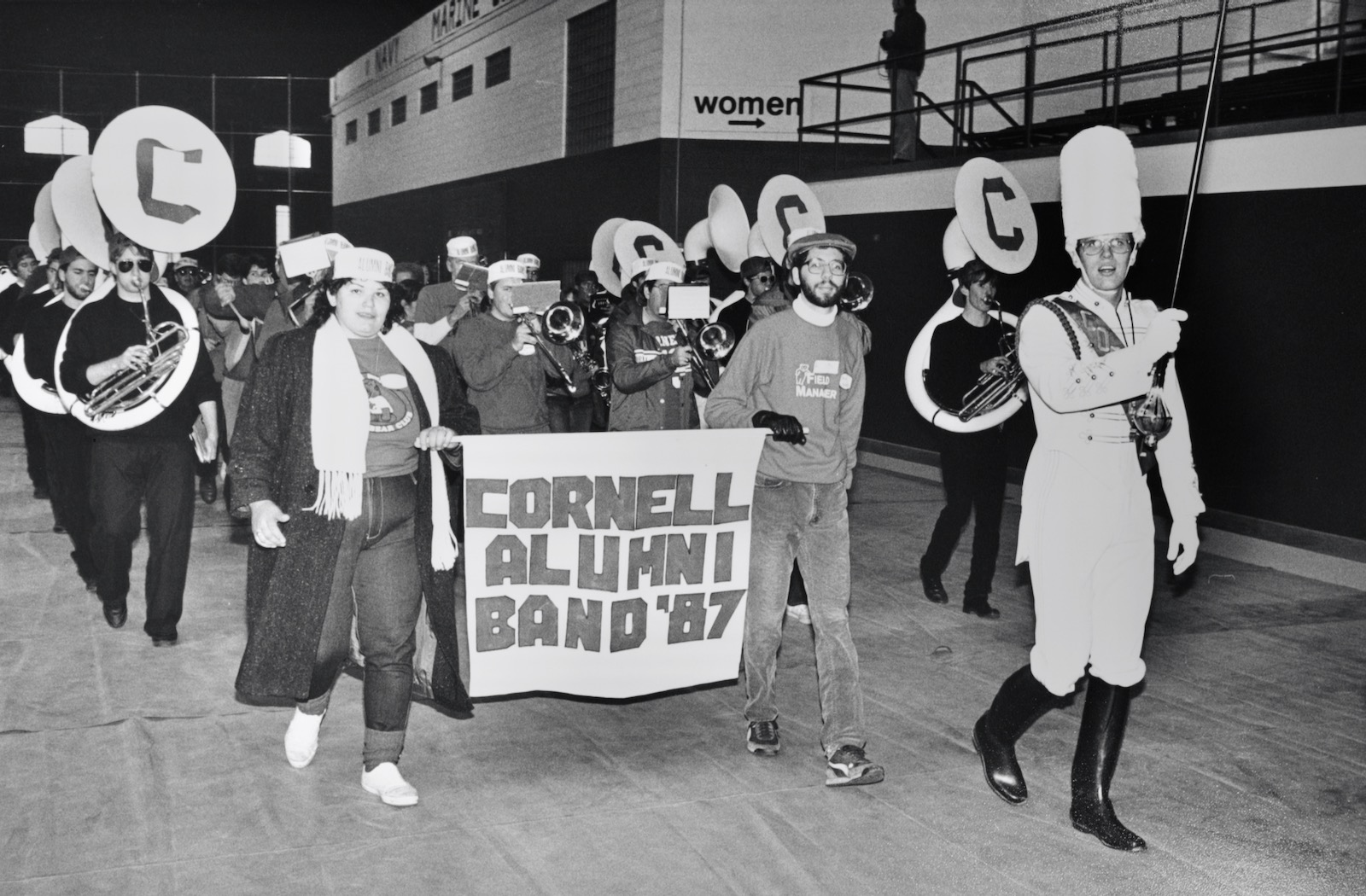 The Cornell Alumni Band marches in Barton Hall in 1987