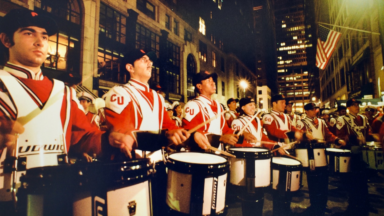 band members perform in Manhattan in front of the Cornell Club on East 44th Street following the Sy Katz Parade in 1998
