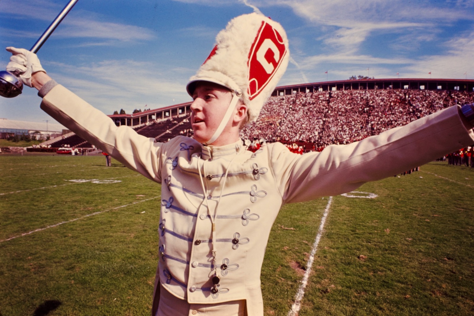 The Big Red Marching Band drum major is pictured in action on Schoellkopf Field in 1966